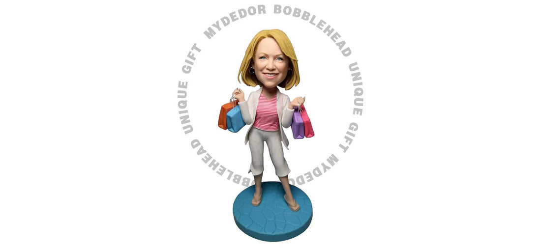 Custom bobblehead of blonde woman holding shopping bags, personalized handmade figurine gift