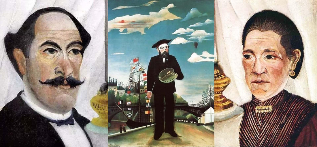 Hand-painted portraits of a man and woman with a central painting of an artist outdoors