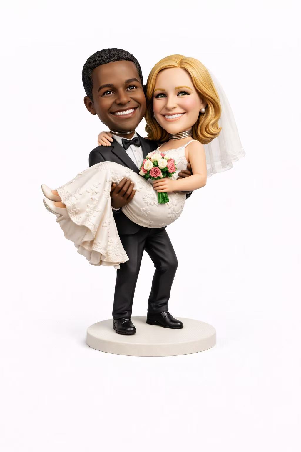 The bride's wedding dress, the groom's suit, and custom-engraved Valentine's Day bobblehead dolls.