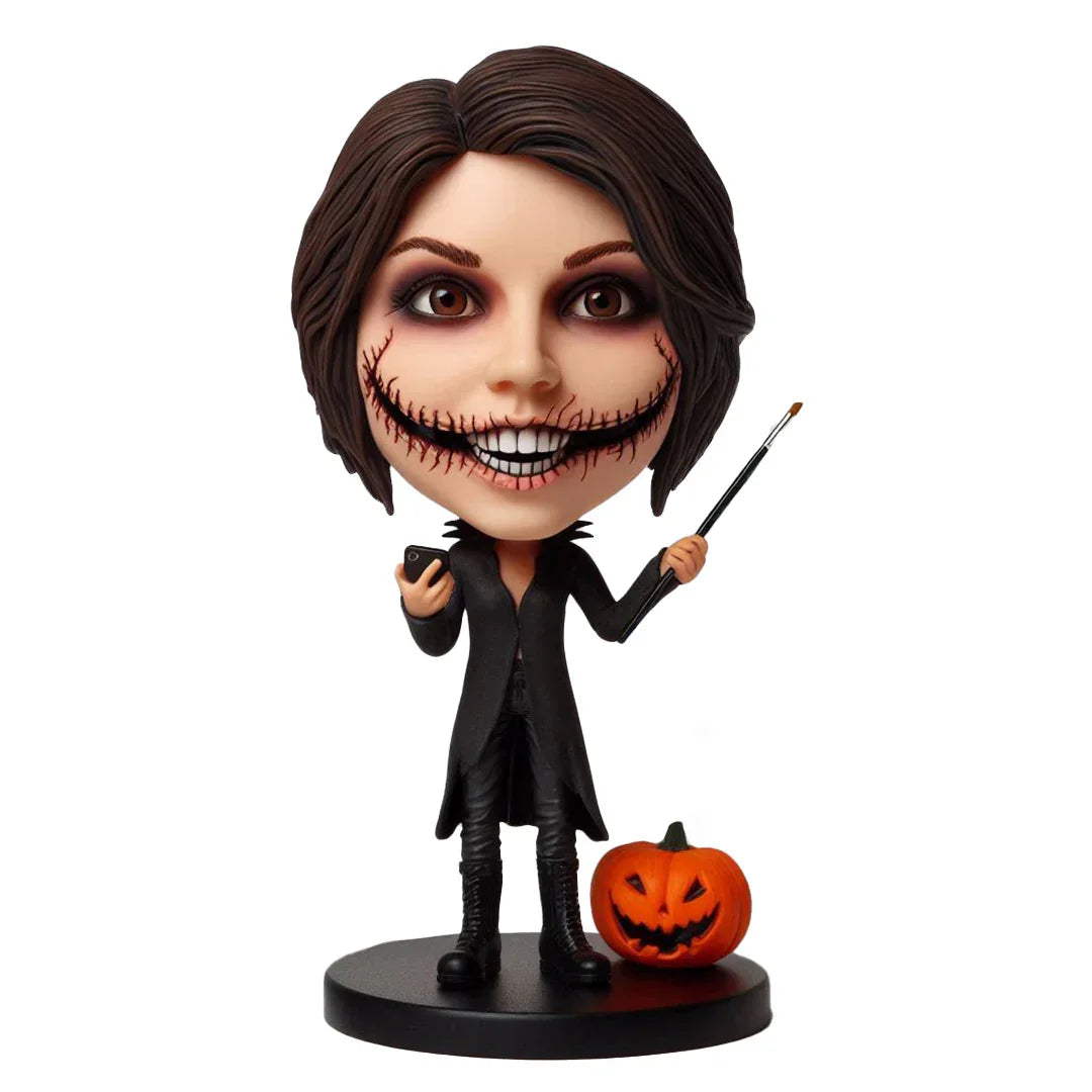 Halloween female zombie custom bobblehead doll with knife, pumpkin and engraved text 3