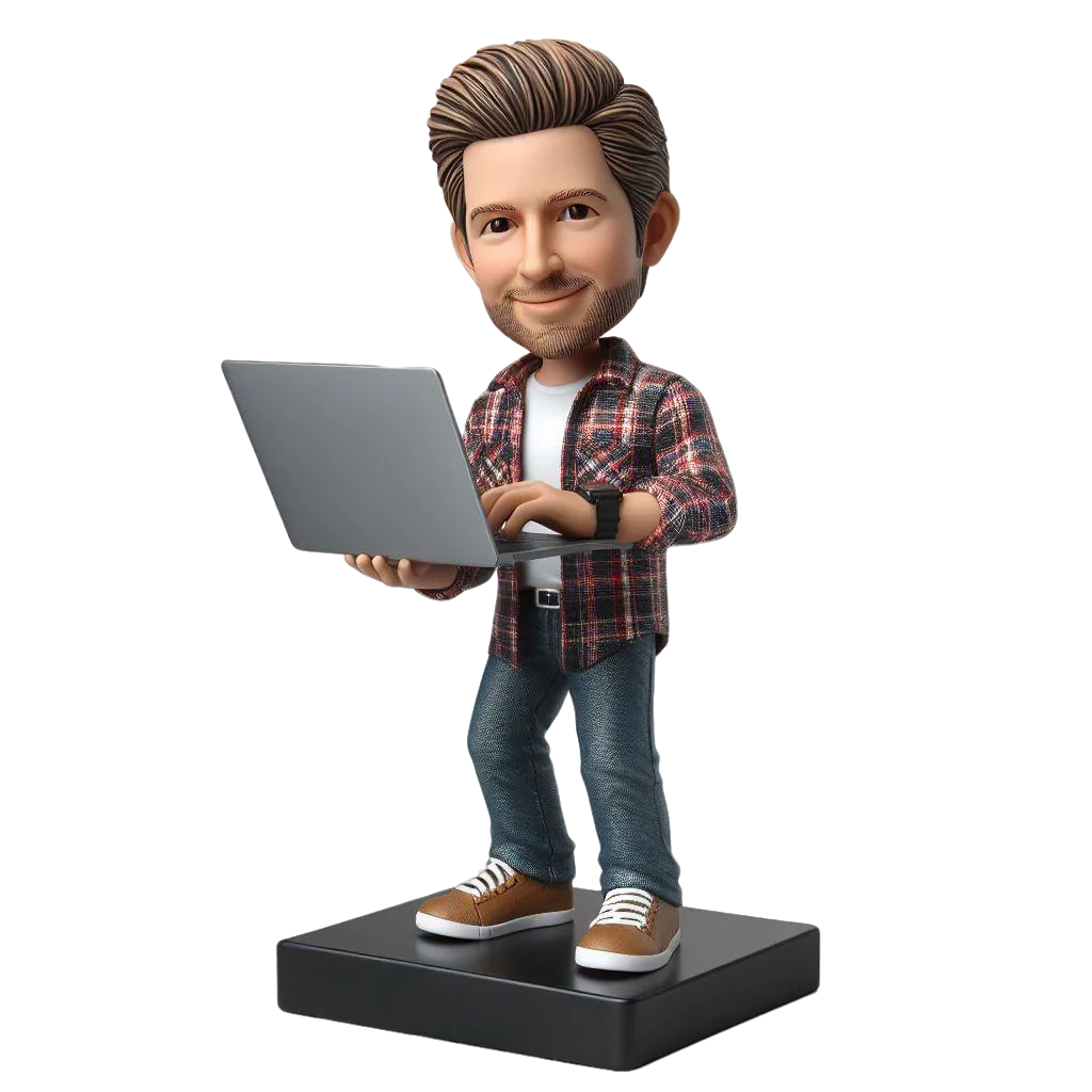 Custom programmer male wearing plaid shirt bobblehead with engraved te ...
