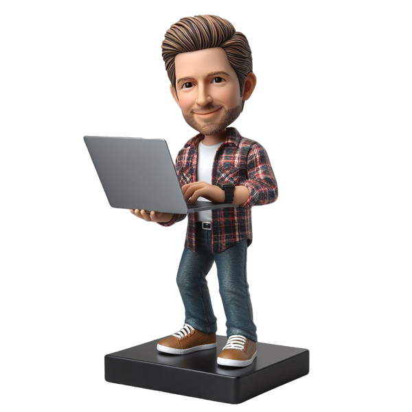 Custom programmer male wearing plaid shirt bobblehead with engraved text