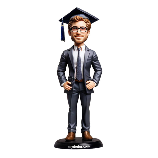Customized bobblehead of male graduate in suit with engraved text