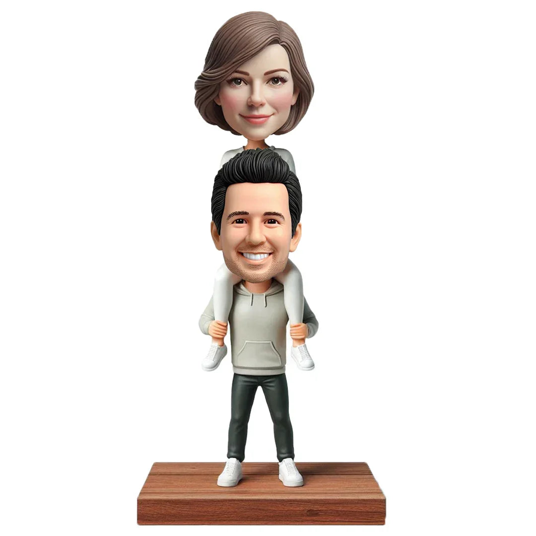 Warm family husband carrying his wife on his back couple custom bobblehead doll (8)