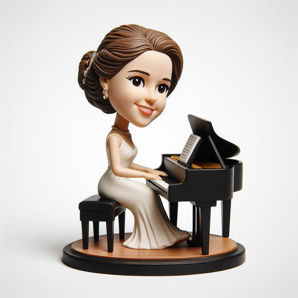 Musician style custom pianist bobblehead doll wearing long dress playing piano