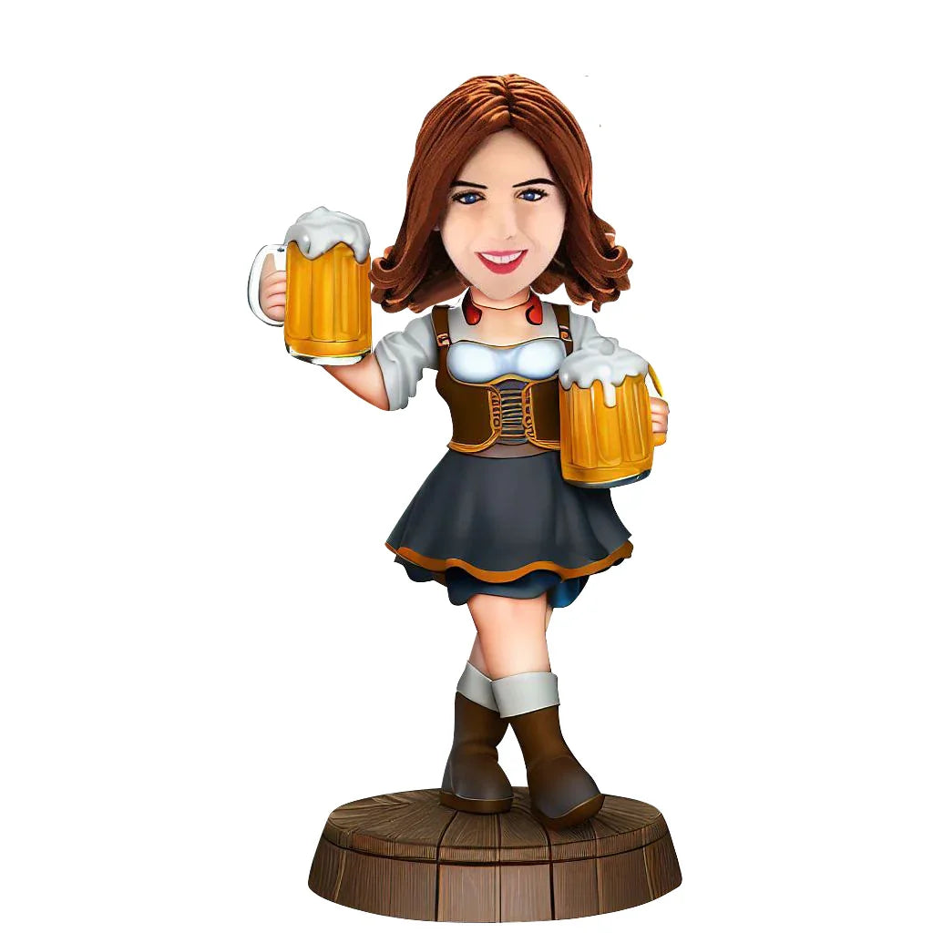 Customized Oktoberfest ladies drink 2 beers at a time bobblehead doll handmade souvenir