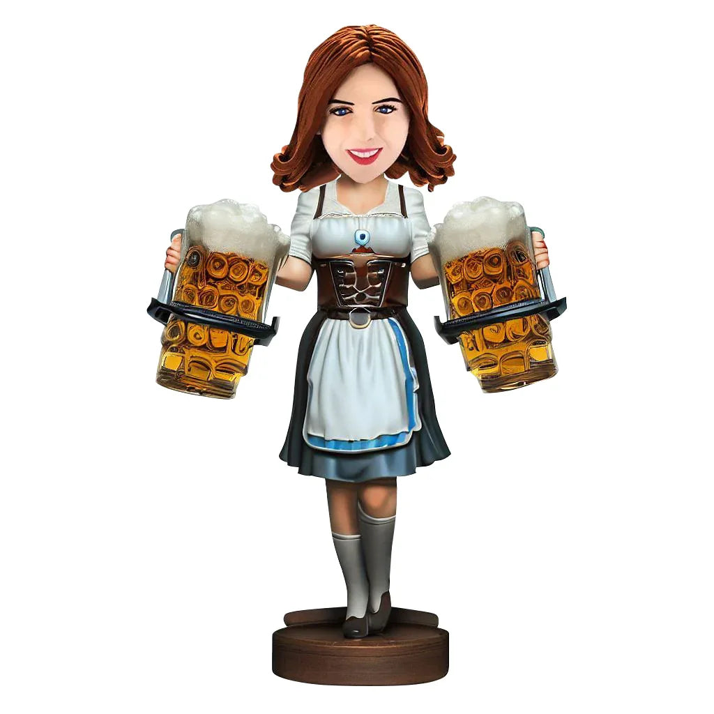 Customized Oktoberfest lady drinks 2 large bottles at a time bobblehead doll handmade souvenir