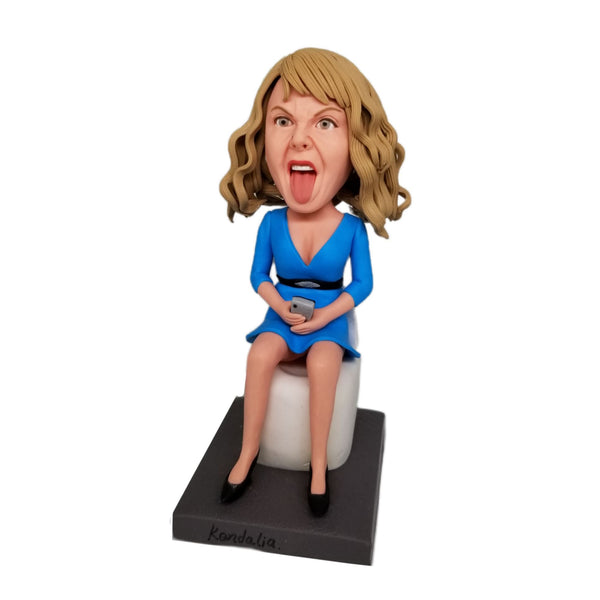 Lady sits on the toilet watching IPHONE Custom BOBBLEHEAD