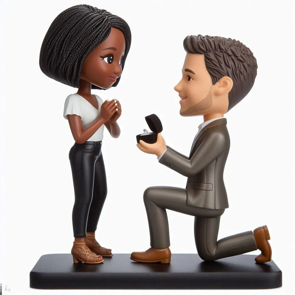 Valentine's Day gift custom bobblehead, kneeling on one knee to propose bobblehead holding an engagement ring