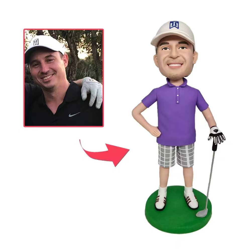 Male Golfer Posing Custom Bobblehead With Engraved Text