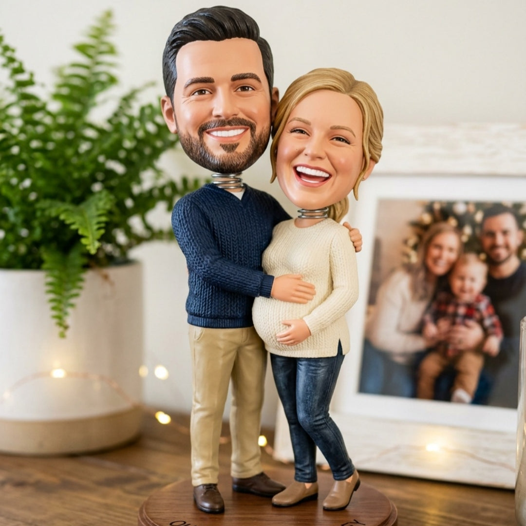 Mother's Day Custom Bobbleheads: Personalized Figurines for Expecting Parents (Featuring Baby Bump Design)