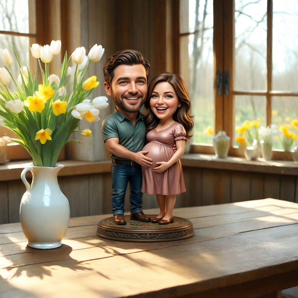 Handcrafted Mother's Day Double Bobblehead: Husband Hugging Pregnant Wife Custom Art