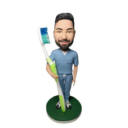 BLUE SUIT MALE DENTIST WITH A TOOTHBRUSH CUSTOM BOBBLEHEAD - Mydedor Bobblehead and Custom gifts Shop