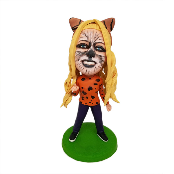 Maquillage de visage de tigre Halloween Bobblehead personnalisé avec texte gravé
