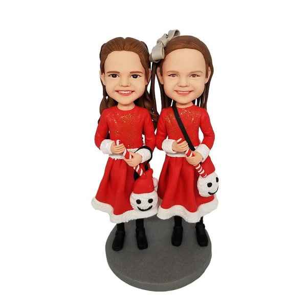Cute little sisters in Christmas dresses  Custom Bobblehead - Mydedor Bobblehead and Custom gifts Shop