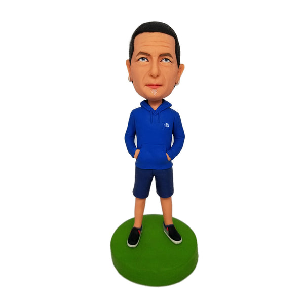 Best Dad in A Blue Hoodie Custom Bobbleheads With Engraved Text