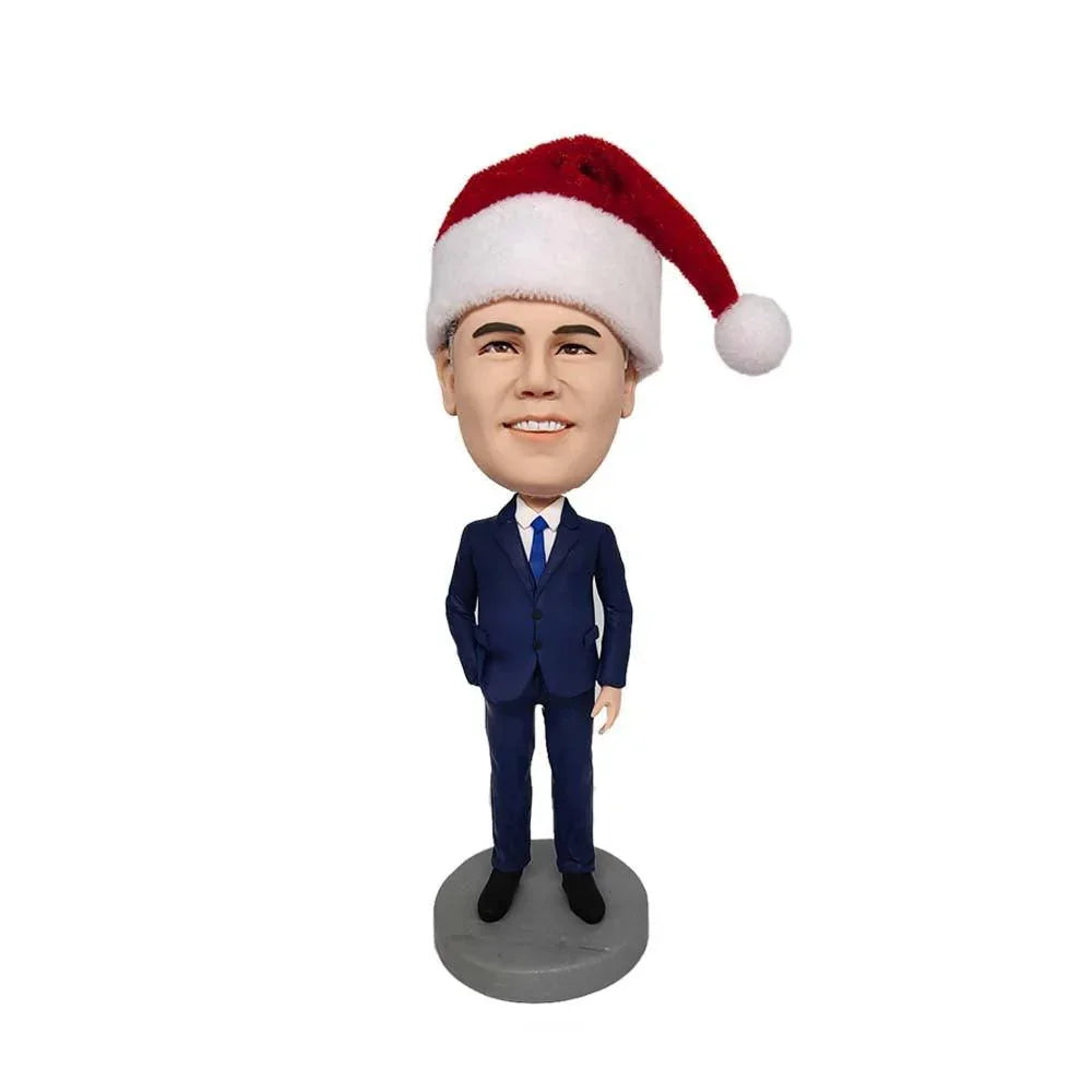 Christmas hat blue suit men CUSTOM BOBBLEHEAD - Mydedor Bobblehead and Custom gifts Shop