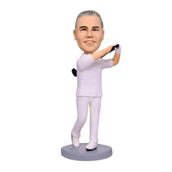 White Suit Golfer Custom Bobblehead With Engraved Text