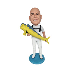 Sea Angler Holding Fish Custom Bobblehead With Engraved Text - Mydedor Bobblehead and Custom gifts Shop