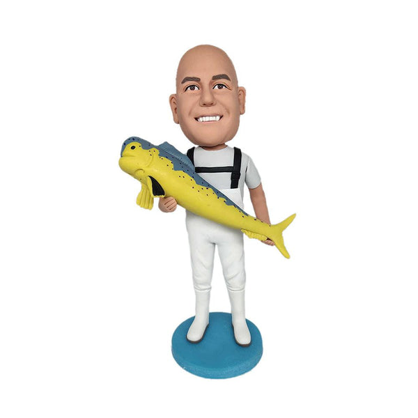 Sea Angler Holding Fish Custom Bobblehead With Engraved Text - Mydedor Bobblehead and Custom gifts Shop