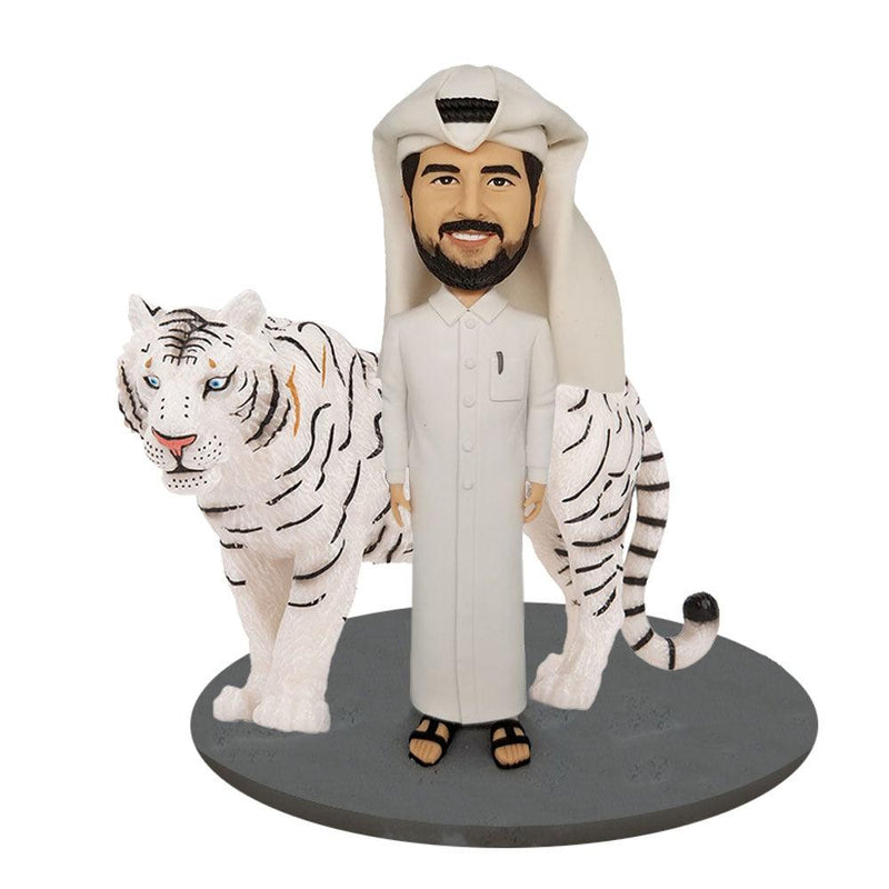 Arabian costume and ferocious white tiger Custom Bobblehead - Mydedor Bobblehead and Custom gifts Shop