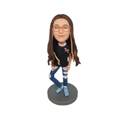 Casual girl in ripped jeans Custom Bobblehead - Mydedor Bobblehead and Custom gifts Shop