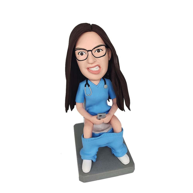 Female doctor squatting on the toilet Custom BOBBLEHEAD - Mydedor Bobblehead and Custom gifts Shop