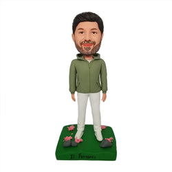 Fashion Man Wearing Green Hoodie Custom Bobblehead With Engraved Text