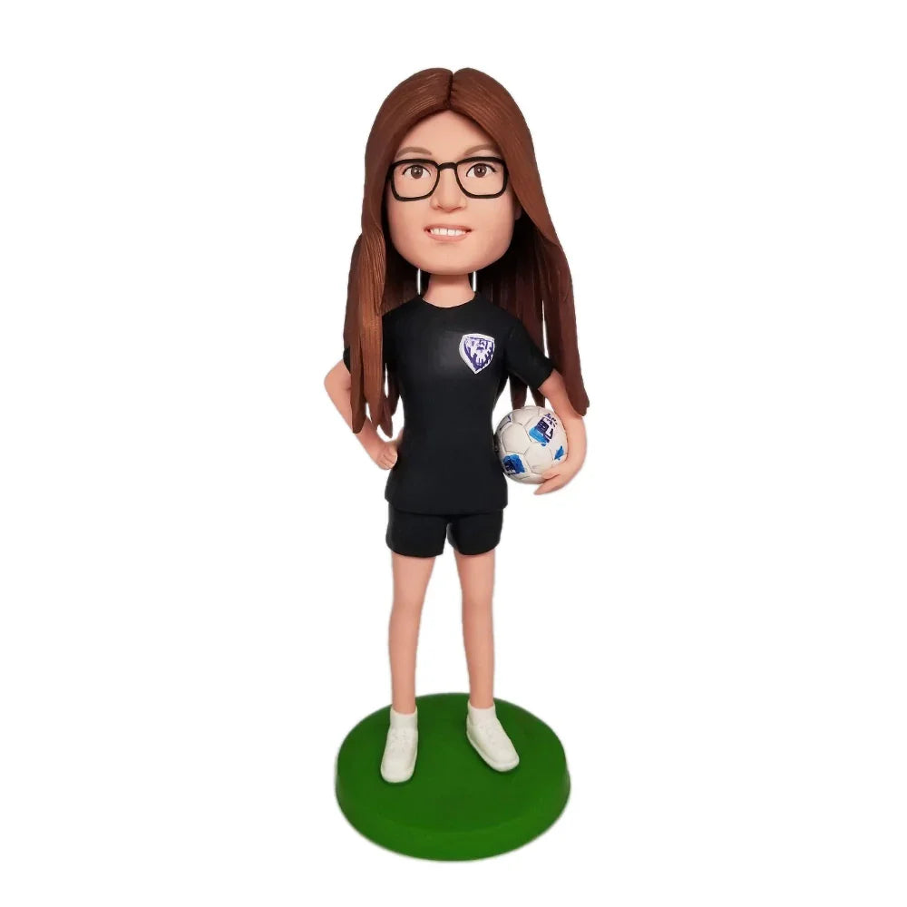 Soccer Girl in Black Jersey Custom Bobble head