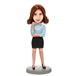 Custom-Business-Female-In-A-Blue-Shirt-Bobbleheads-With-Engraved-Text-Mydedor Bobblehead and Custom gifts Shop