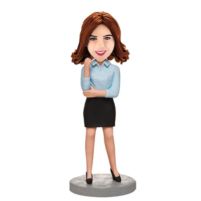 Custom-Business-Female-In-A-Blue-Shirt-Bobbleheads-With-Engraved-Text-Mydedor Bobblehead and Custom gifts Shop