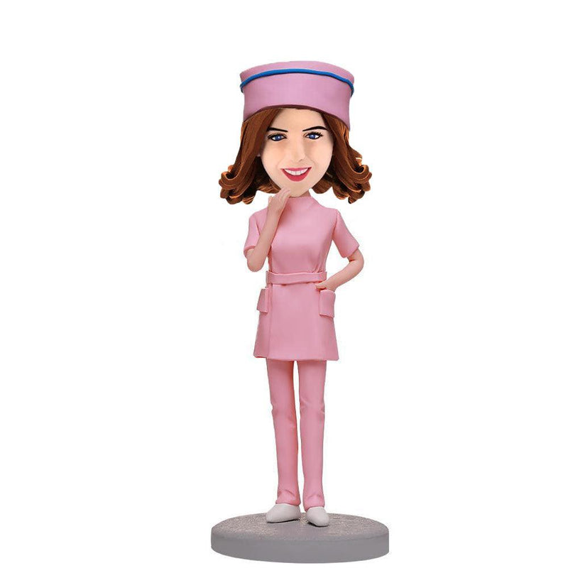 Female-Nurse-In-Pink-Nurse-Uniform-Custom-Bobbleheads-With-Engraved-Text