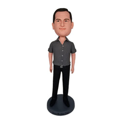 Handsome Men's Grey Shirt Custom Bobblehead With Engraved Text - Mydedor Bobblehead and Custom gifts Shop