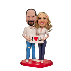 The Couple with The I LOVE U Sign Custom Bobblehead With Engraved Text - Mydedor Bobblehead and Custom gifts Shop