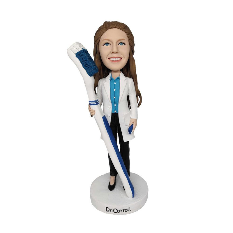 Female dentist with toothbrush custom bobblehead - Mydedor Bobblehead and Custom gifts Shop